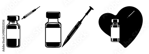 Vaccine vial and needle set with solid black icon on white background featuring biotech, illustrations, vector graphics with glyph and iconography