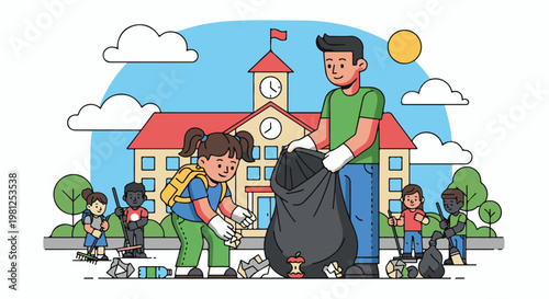 Children and adult clean up trash near a school