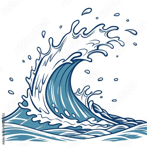 A stylized blue illustration depicts a powerful ocean wave curling and crashing with splashes and droplets surrounding its dynamic form high quality
