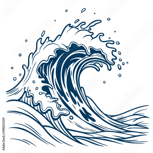 A stylized blue toned illustration depicts a powerful ocean wave cresting and breaking with swirling lines conveying movement and energy high quality