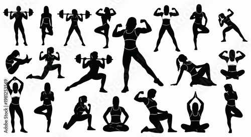 Collection of silhouettes of women in various fitness and yoga poses
