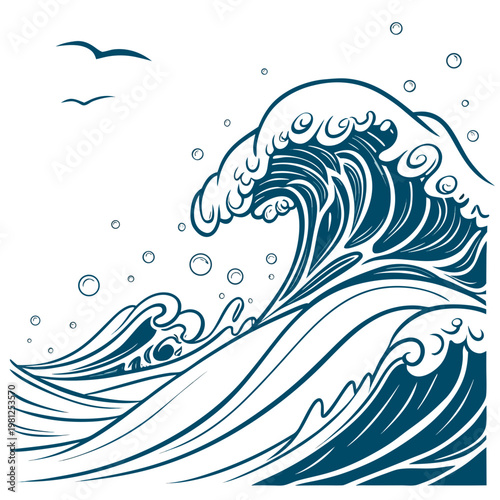 A stylized blue toned illustration depicts a large ocean wave with curling crest bubbles and a few distant birds high quality professional