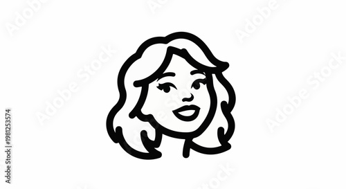 Cartoon headshot of a smiling woman with wavy hair, black outline