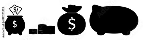 Icon set with solid black tax-free savings symbol featuring tax free, savings, finance options with dollar sign and shield graphic