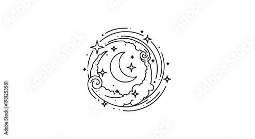 Celestial crescent moon with stars and swirling clouds in a circular design