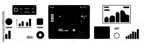 Fintech app dashboard interface set with solid black icons featuring graphs, data analytics, statistics with charts and financial information