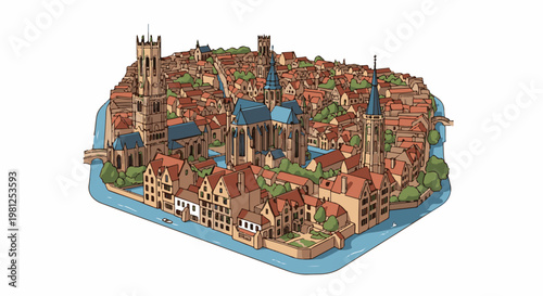 Cartoon of a historic European city with a river and churches