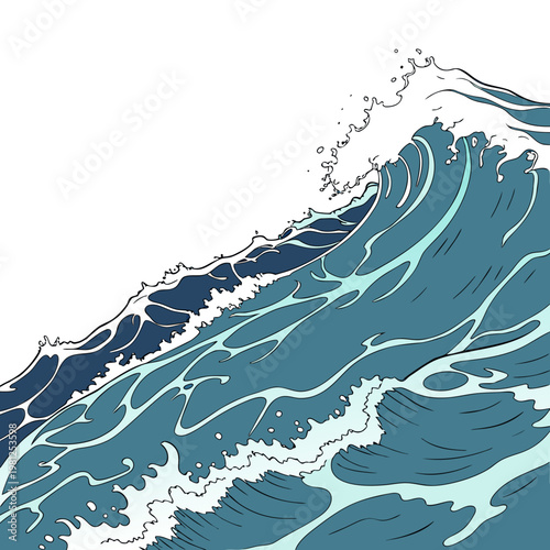 A dynamic illustration depicts a large curling ocean wave with shades of blue evoking a sense of power and movement high quality