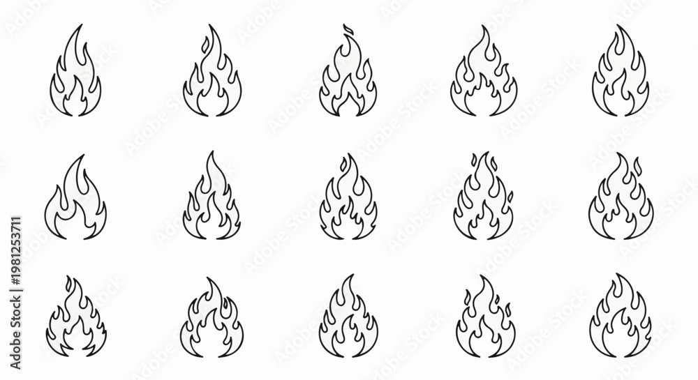 Fototapeta premium Collection of stylized flame icons in black outline on a white background