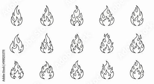 Collection of stylized flame icons in black outline on a white background