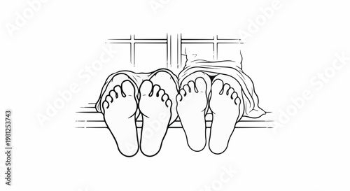 Close-up of two pairs of bare feet peeking out from under a blanket