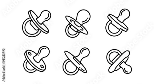 Black and white line art depictions of baby pacifiers silhouette