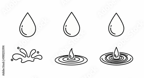 Collection of stylized water droplet and splash icons on a white background