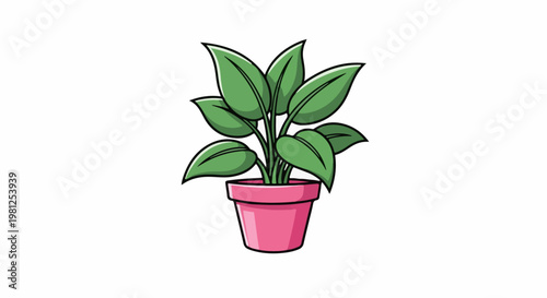 Cartoon illustration of a green-leafed houseplant in a pink pot