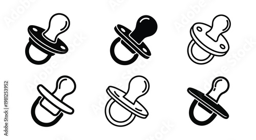 Black and white icons depicting various baby pacifiers silhouette