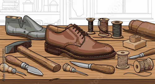 Brown leather shoe and cobbler's tools arranged on a wooden workbench