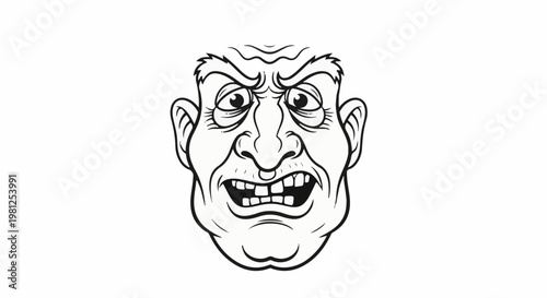 Cartoon illustration of a grimacing man's face with large ears and furrowed brow