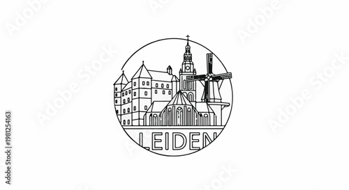 Circular emblem depicting a castle, church, and windmill with city name