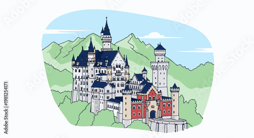 Cartoon illustration of a large, ornate castle on a green hillside under a blue sky