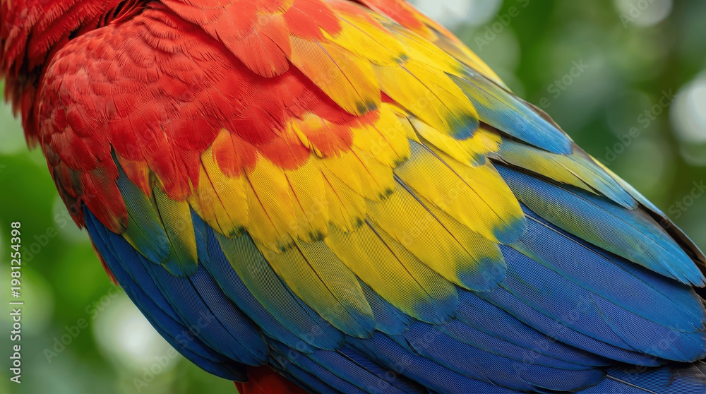 Obraz premium A close view shows the feathers of a parrot with bright red, yellow, and blue colors