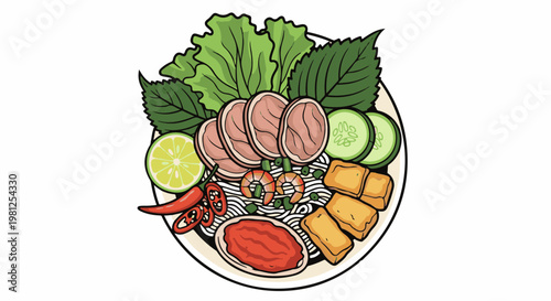 Colorful bowl of noodles with meat, shrimp, vegetables, and dipping sauce