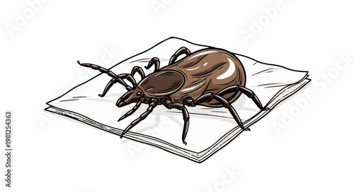 Brown tick with many legs resting on folded white paper