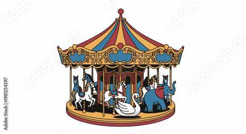 Colorful carousel with horses, swan, and elephant, a classic amusement ride