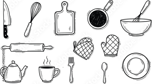 Hand drawn kitchen utensils sketch of cooking tools for culinary arts