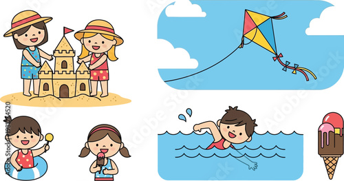 A fun cartoon vector illustration set of a smiling family with a girl, boy, and baby playing together and enjoying childhood art