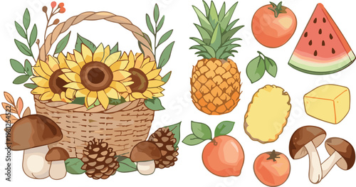Autumn Harvest Illustration Set with Sunflowers Basket Fruits Vegetables Mushrooms and Seasonal Nature Elements in Cute Hand Drawn Style