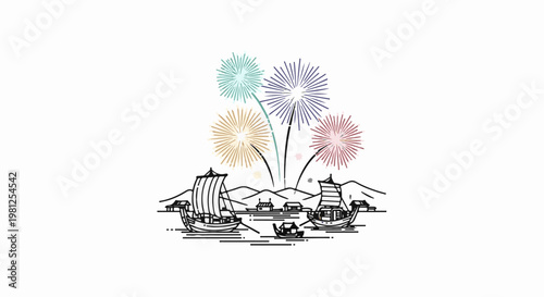 Colorful fireworks illuminate a serene harbor with traditional boats and distant hills