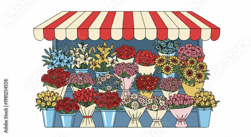 Colorful flower stall with striped awning displays bouquets of various blooms