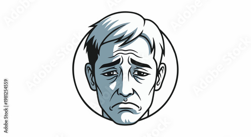 Cartoon illustration of a man's face with a sad expression and tired eyes