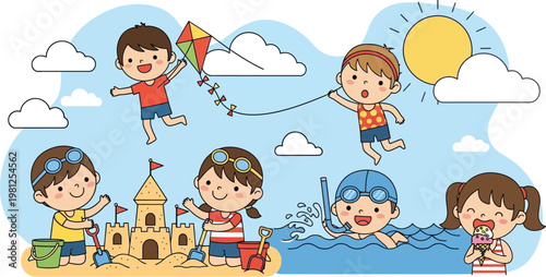 A group of happy cartoon kids and family members including a smiling boy and girl enjoy childhood fun playing with a ball in a park garden vector illustration set for preschool children