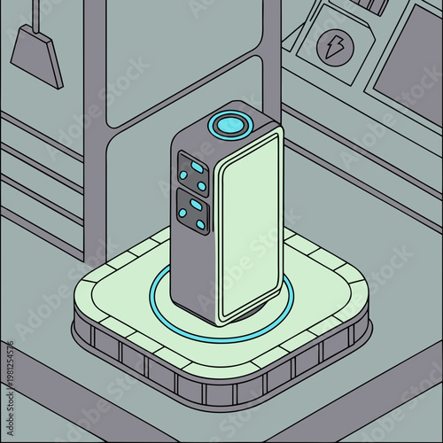 A gray and blue vending machine on a white platform