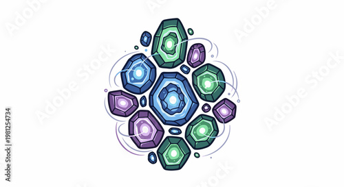 Cluster of faceted crystals in blue, green, and purple hues