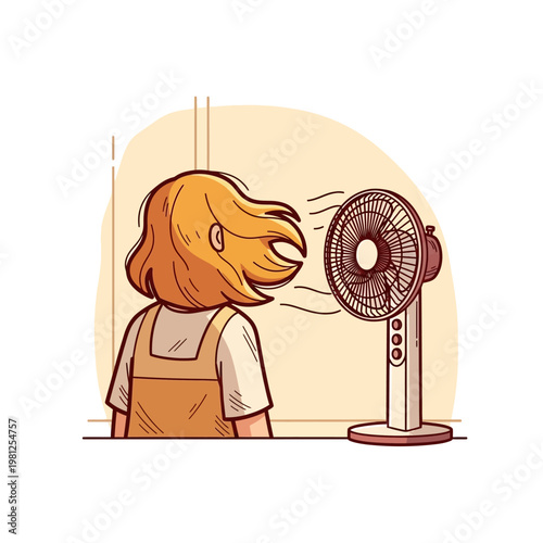 A person with their hair blowing in the wind from an electric fan.