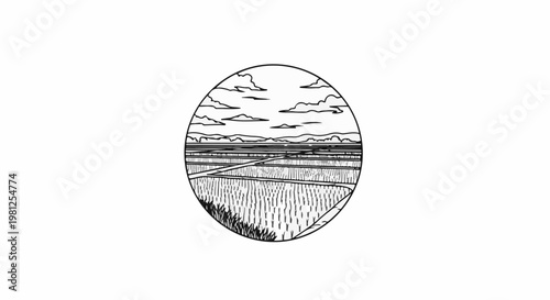 Circular illustration of terraced fields with clouds and mountains in background