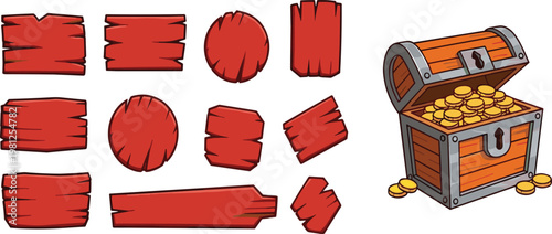 Cartoon Wooden Sign Boards and Treasure Chest Set with Gold Coins and Blank Red Labels for Game UI Elements Design Collection