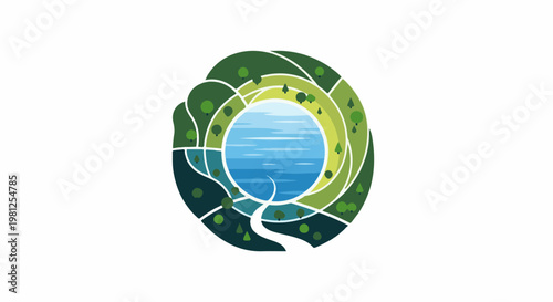 Circular landscape graphic with a lake, hills, and trees