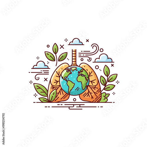 Line art illustration of human lungs embracing the Earth globe, surrounded by green leaves, clouds, and wind, symbolizing environmental health and clean air.