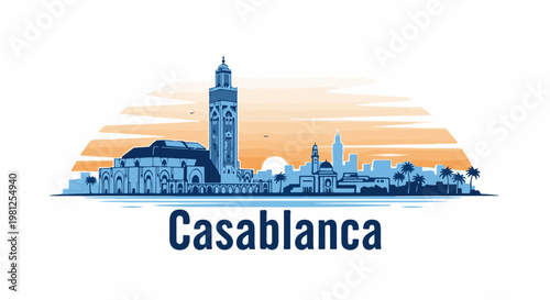 Cityscape silhouette at sunset with prominent tower, palm trees, and text