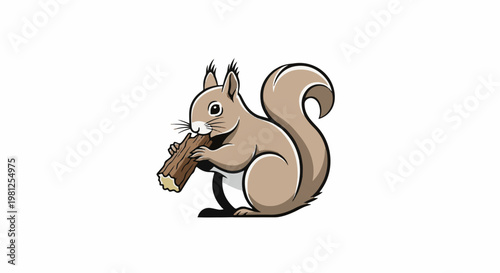 Cartoon illustration of a squirrel with a fluffy tail holding a branch