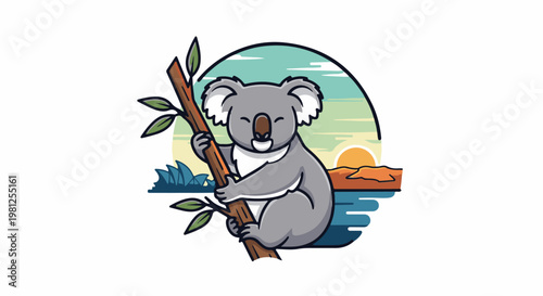 Cartoon koala clings to a tree branch with an Australian landscape backdrop