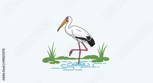 Cartoon illustration of a white stork with yellow beak and pink legs standing in water