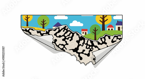 Cartoon landscape peeled back to reveal abstract pattern underneath