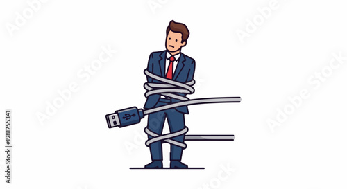 Businessman entangled by a USB cable, expressing concern