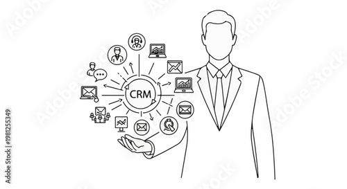 Business professional presenting CRM concept with integrated digital tools and customer interaction icons