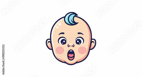 Cartoon baby face with wide eyes and open mouth, blue hair tuft