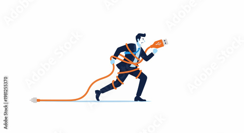 Businessman entangled in orange USB cable, struggling with data